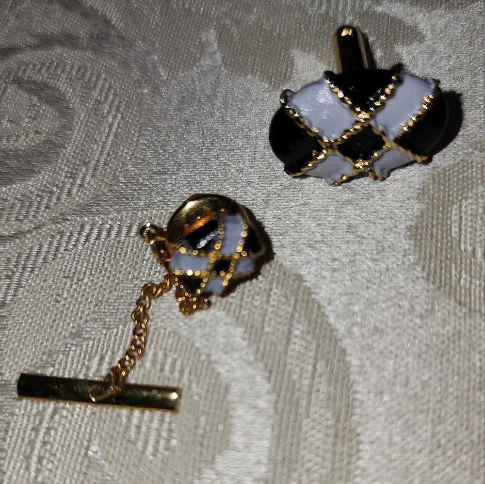DANTE Rare Vintage Black & White Harlequin Enamel Cufflinks & Tie Tack Set